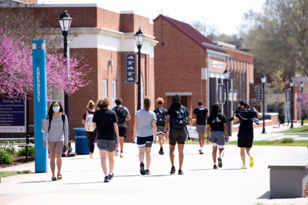 Students walking on Longwood University campus, shot from behind